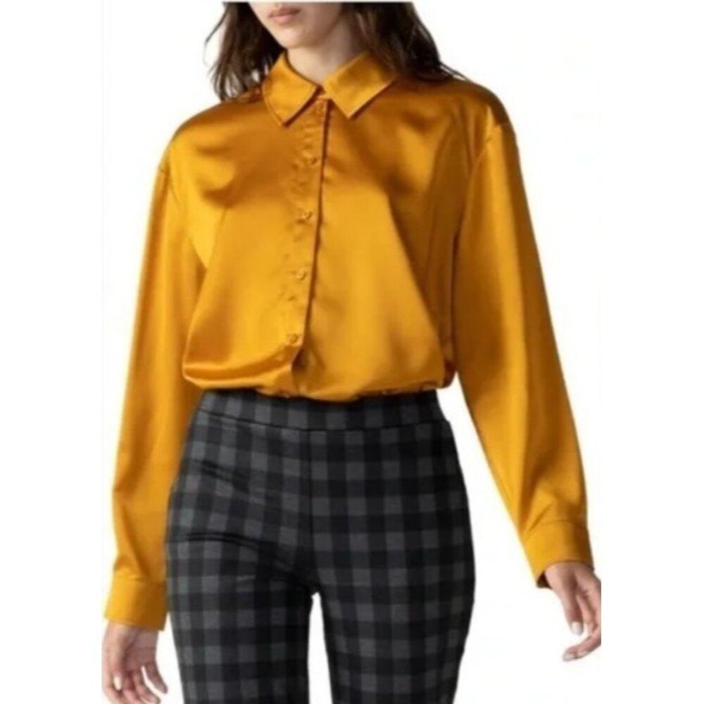 $98 Sanctuary Women's Top Size 2X Gold Satin Button-Up Shirt